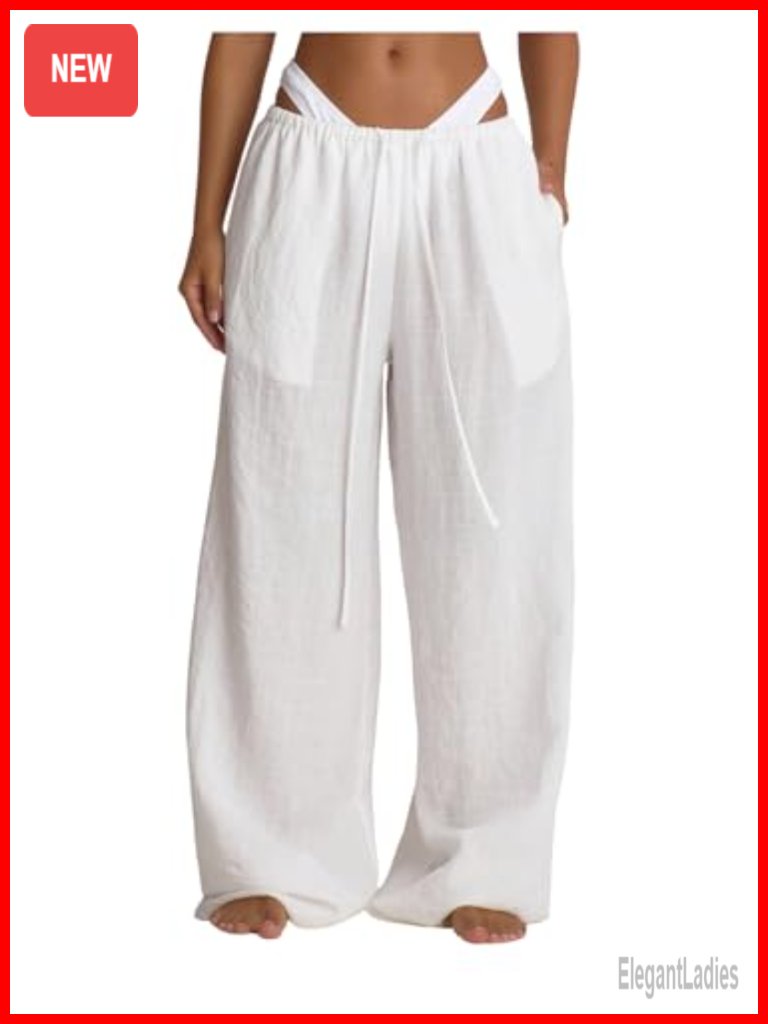 Sheer Linen Pants With Pockets Wide Leg Baggy Palazzo